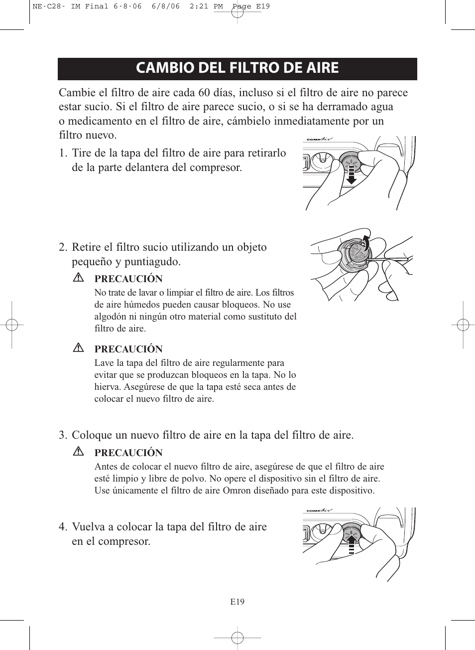 Cambio del filtro de aire | Omron Healthcare COMPAIR NE-C28 User Manual | Page 75 / 112