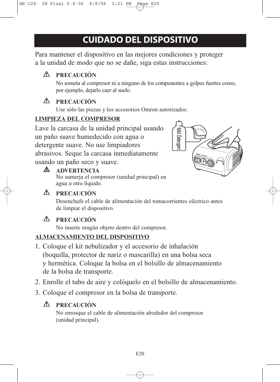 Cuidado del dispositivo | Omron Healthcare COMPAIR NE-C28 User Manual | Page 76 / 112