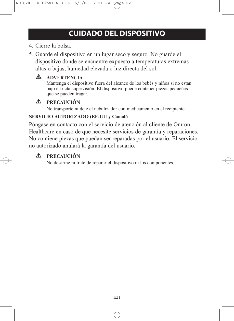 Cuidado del dispositivo | Omron Healthcare COMPAIR NE-C28 User Manual | Page 77 / 112