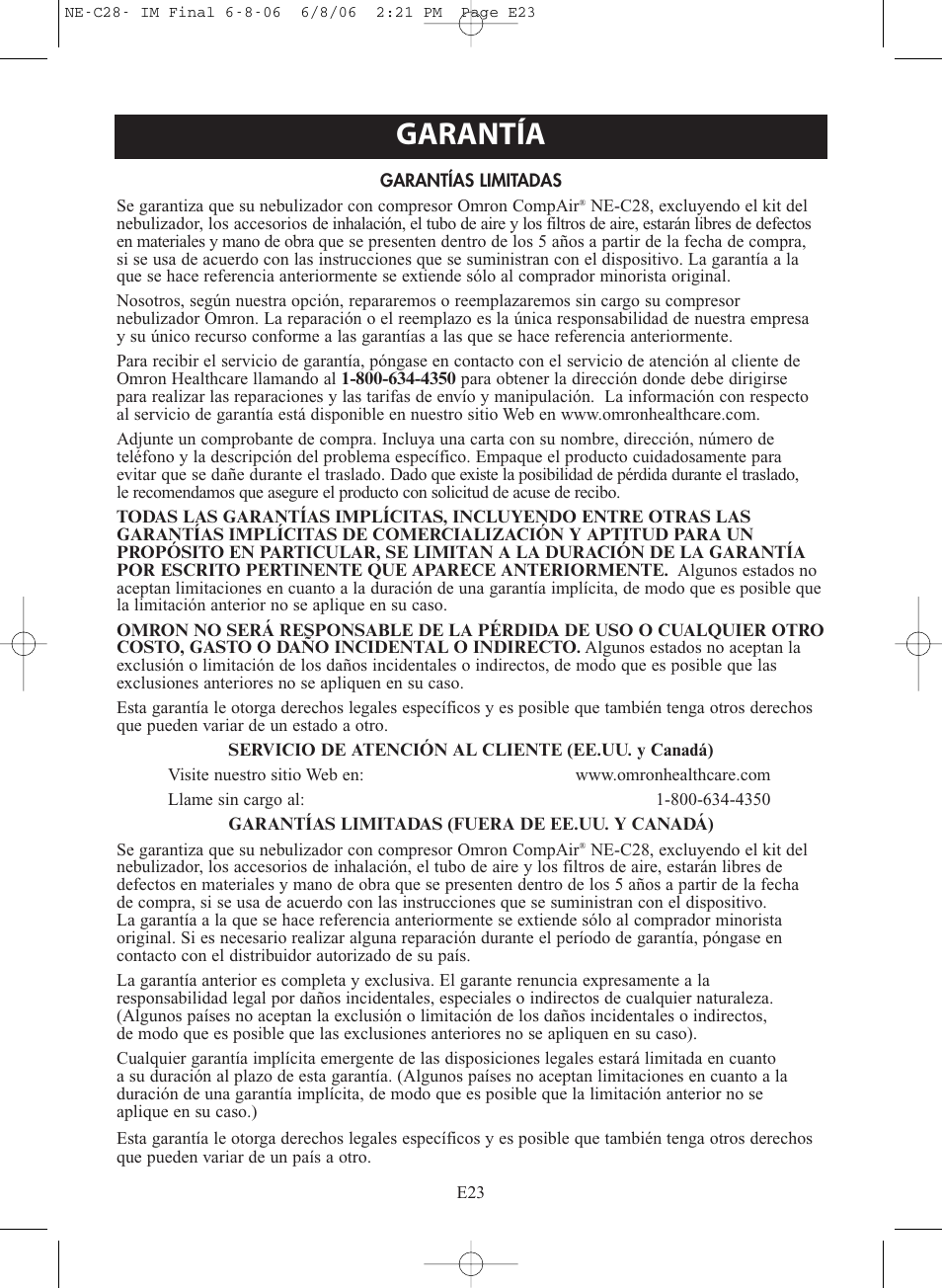 Garantía | Omron Healthcare COMPAIR NE-C28 User Manual | Page 79 / 112