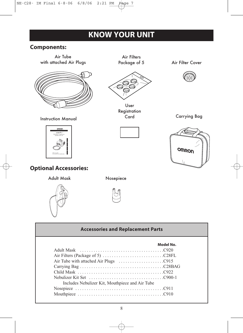 Know your unit, Components: optional accessories, Accessories and replacement parts | Omron Healthcare COMPAIR NE-C28 User Manual | Page 8 / 112