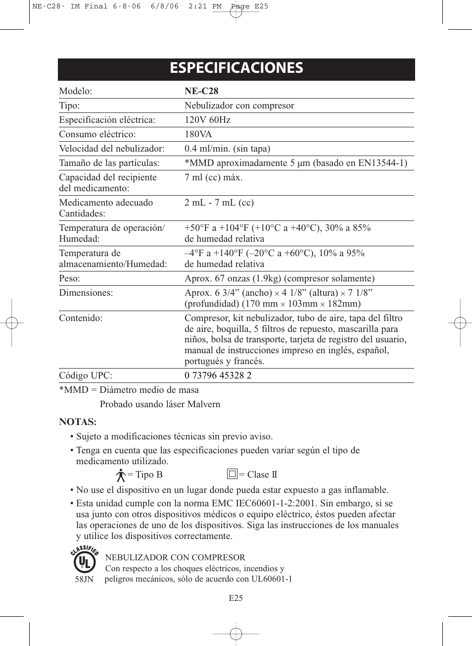 Especificaciones | Omron Healthcare COMPAIR NE-C28 User Manual | Page 81 / 112