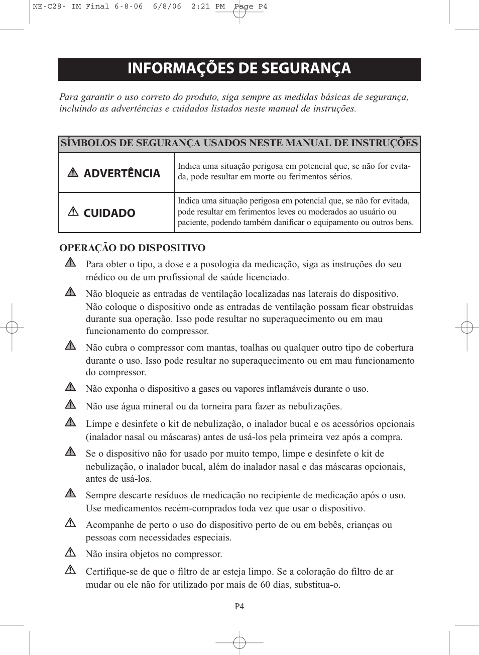 Informações de segurança, Advertência, Cuidado | Omron Healthcare COMPAIR NE-C28 User Manual | Page 88 / 112