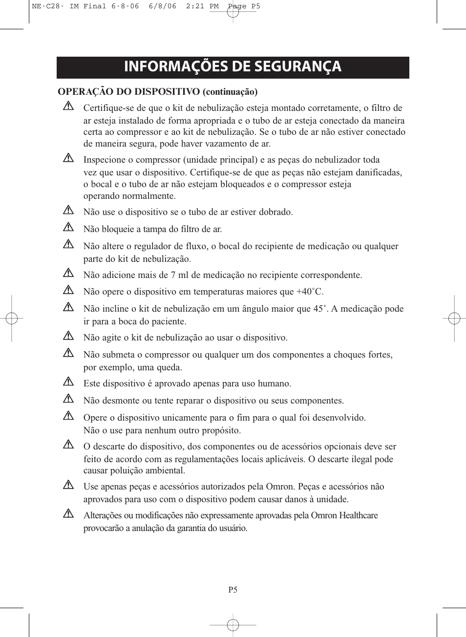 Informações de segurança | Omron Healthcare COMPAIR NE-C28 User Manual | Page 89 / 112