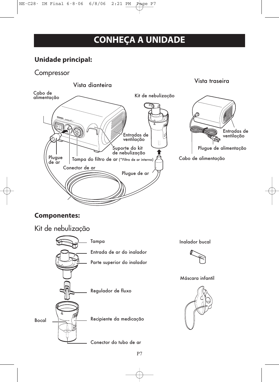 Conheça a unidade, Vista dianteira vista traseira | Omron Healthcare COMPAIR NE-C28 User Manual | Page 91 / 112