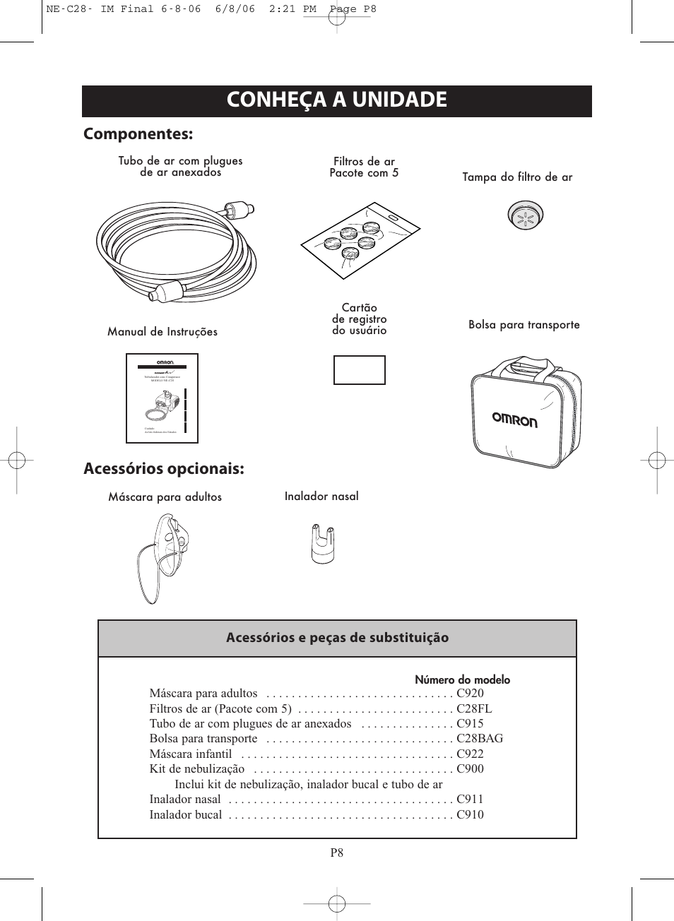 Conheça a unidade, Componentes: acessórios opcionais, Acessórios e peças de substituição | Omron Healthcare COMPAIR NE-C28 User Manual | Page 92 / 112