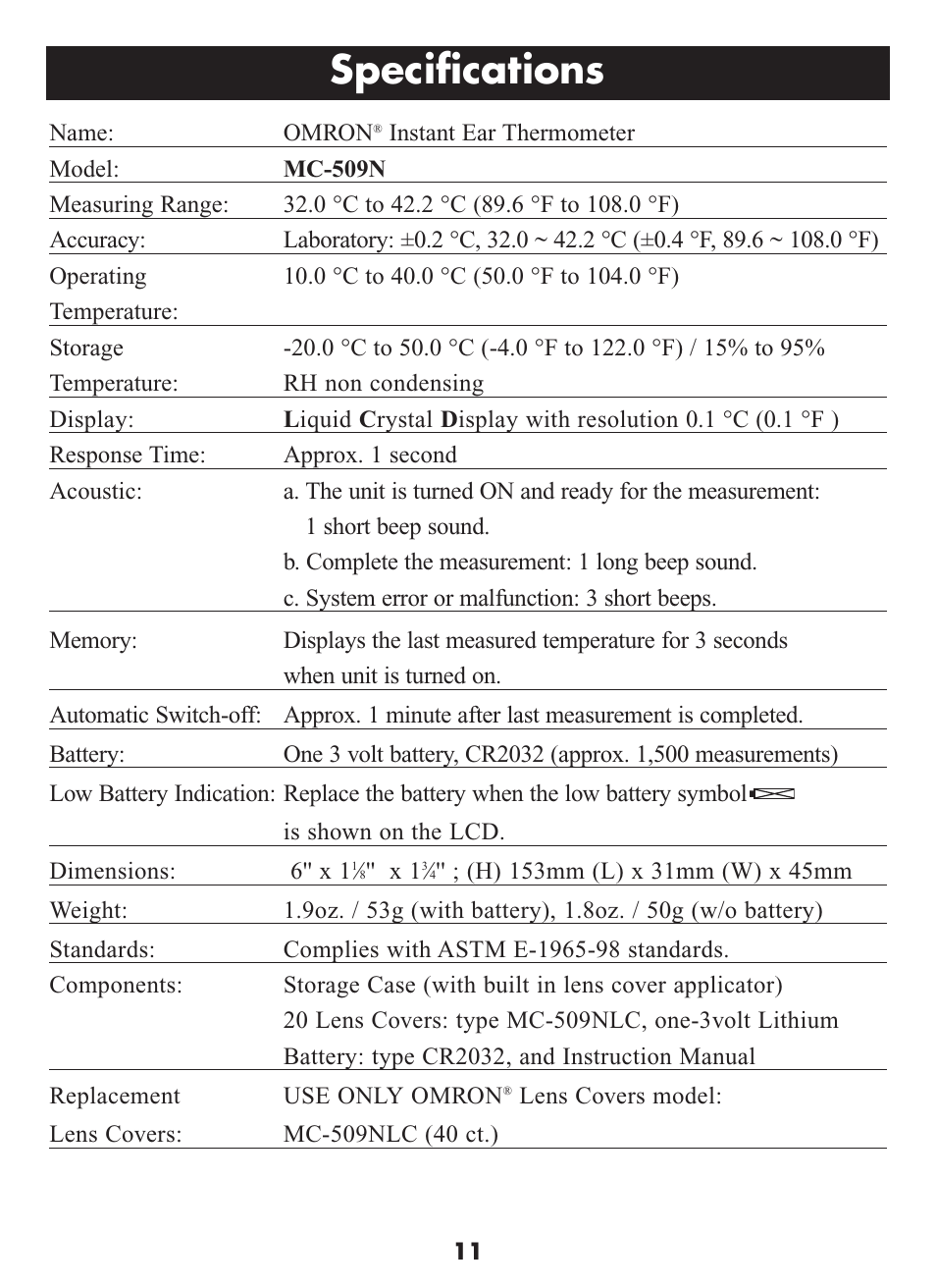 Specifications | Omron Healthcare MC-509N User Manual | Page 11 / 24