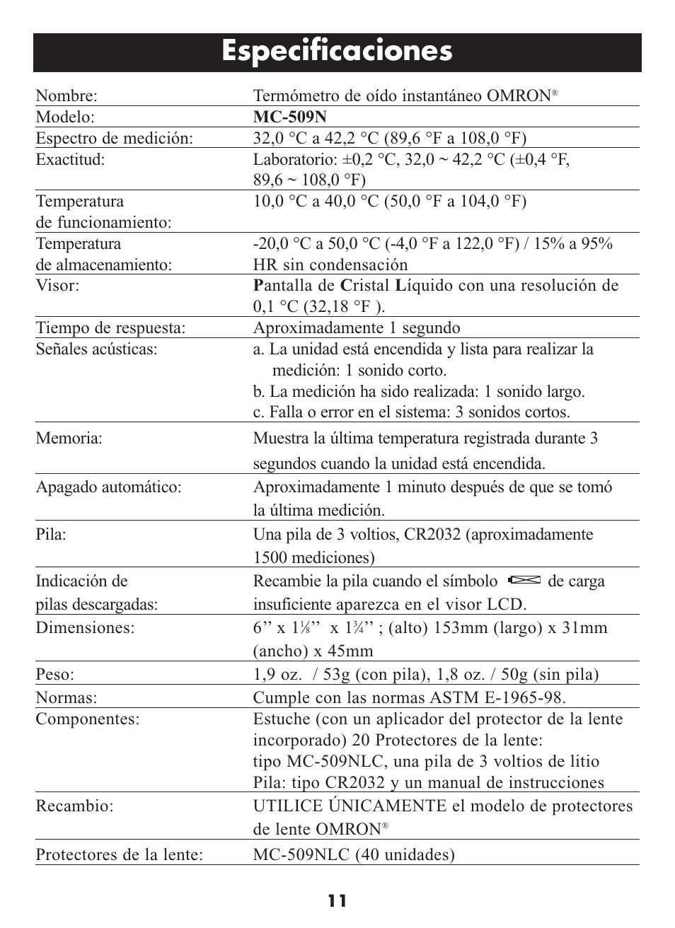 Especificaciones | Omron Healthcare MC-509N User Manual | Page 23 / 24