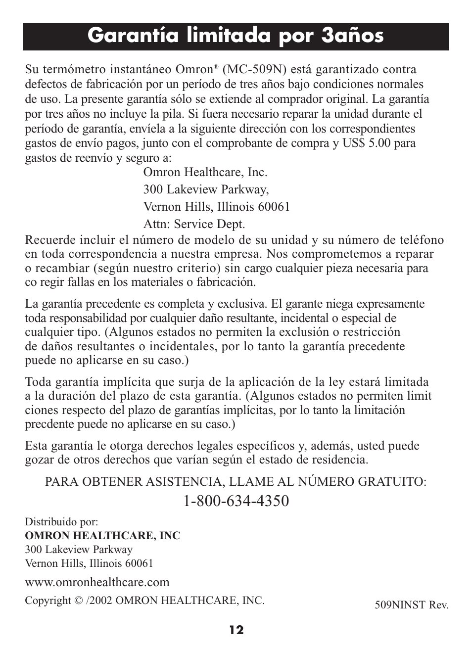 Garantía limitada por 3años | Omron Healthcare MC-509N User Manual | Page 24 / 24