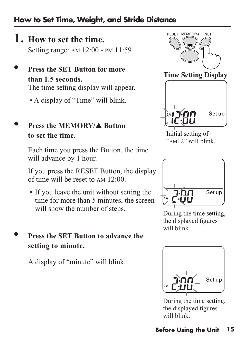 How to set the time | Omron Healthcare HJ-112 User Manual | Page 15 / 28