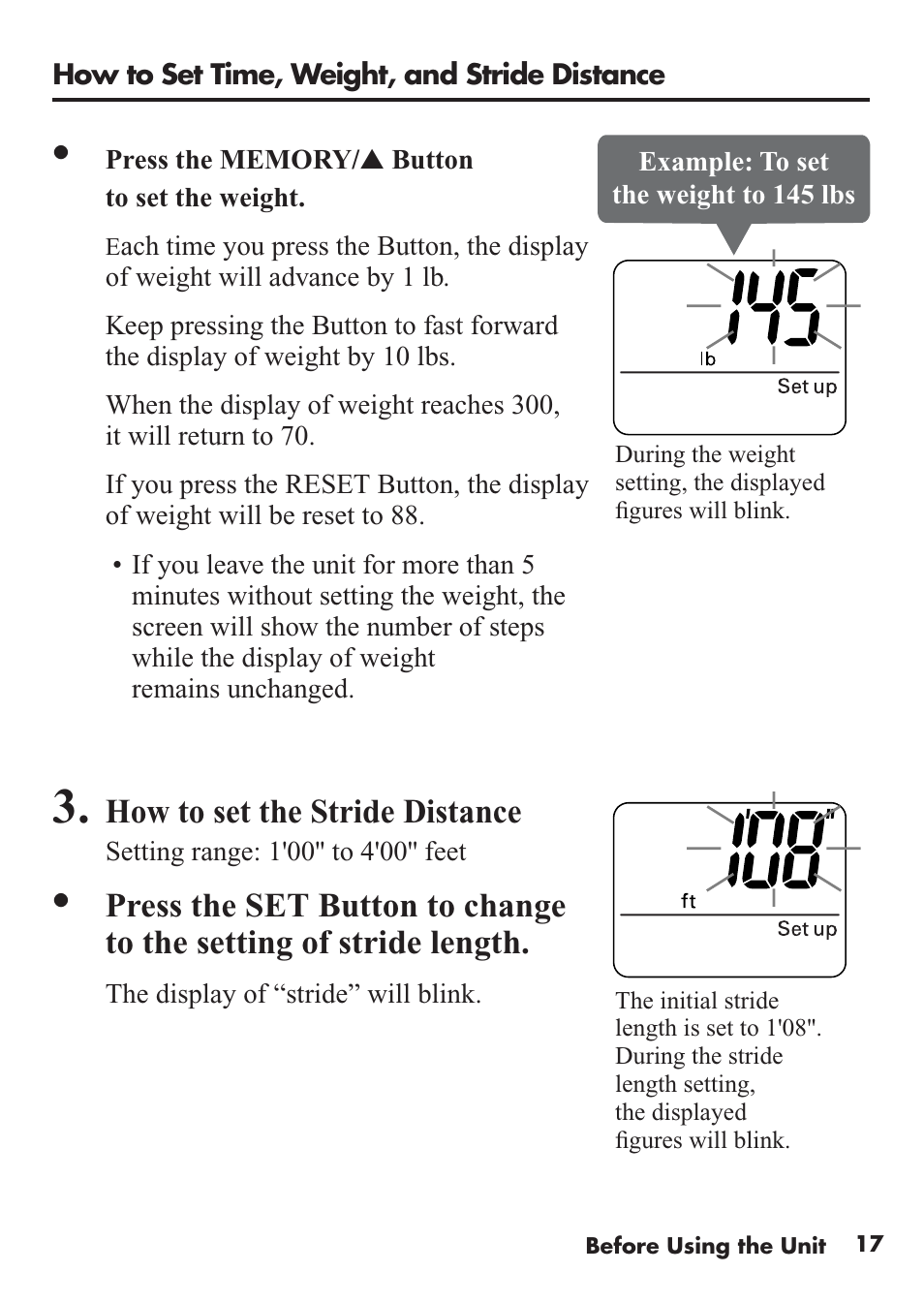 How to set the stride distance | Omron Healthcare HJ-112 User Manual | Page 17 / 28