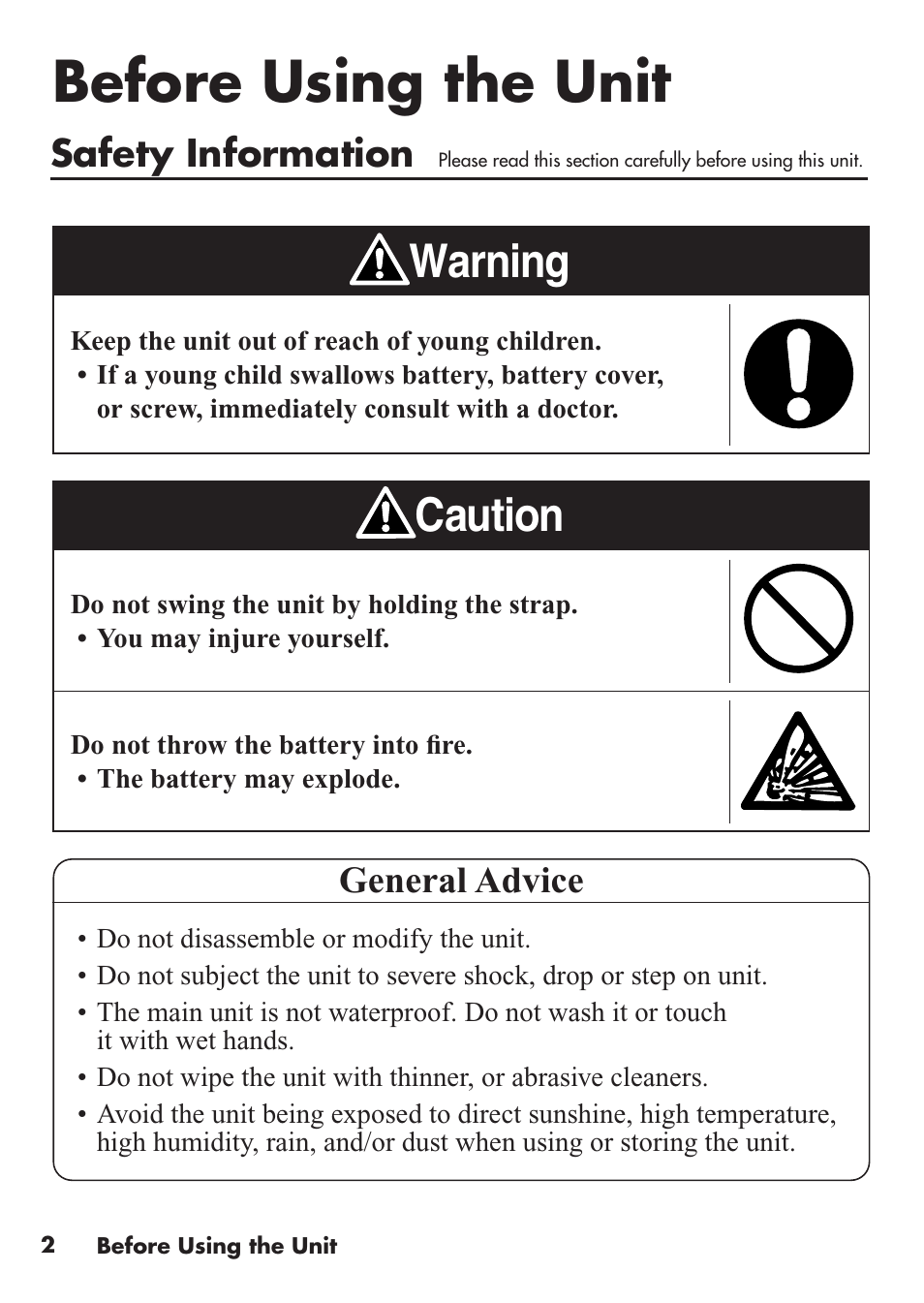 Before using the unit, Caution, Warning | General advice, Safety information | Omron Healthcare HJ-112 User Manual | Page 2 / 28