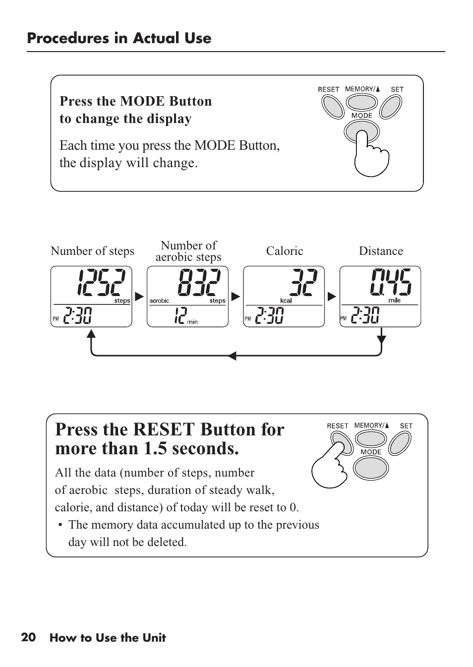 Press the reset button for more than 1.5 seconds | Omron Healthcare HJ-112 User Manual | Page 20 / 28