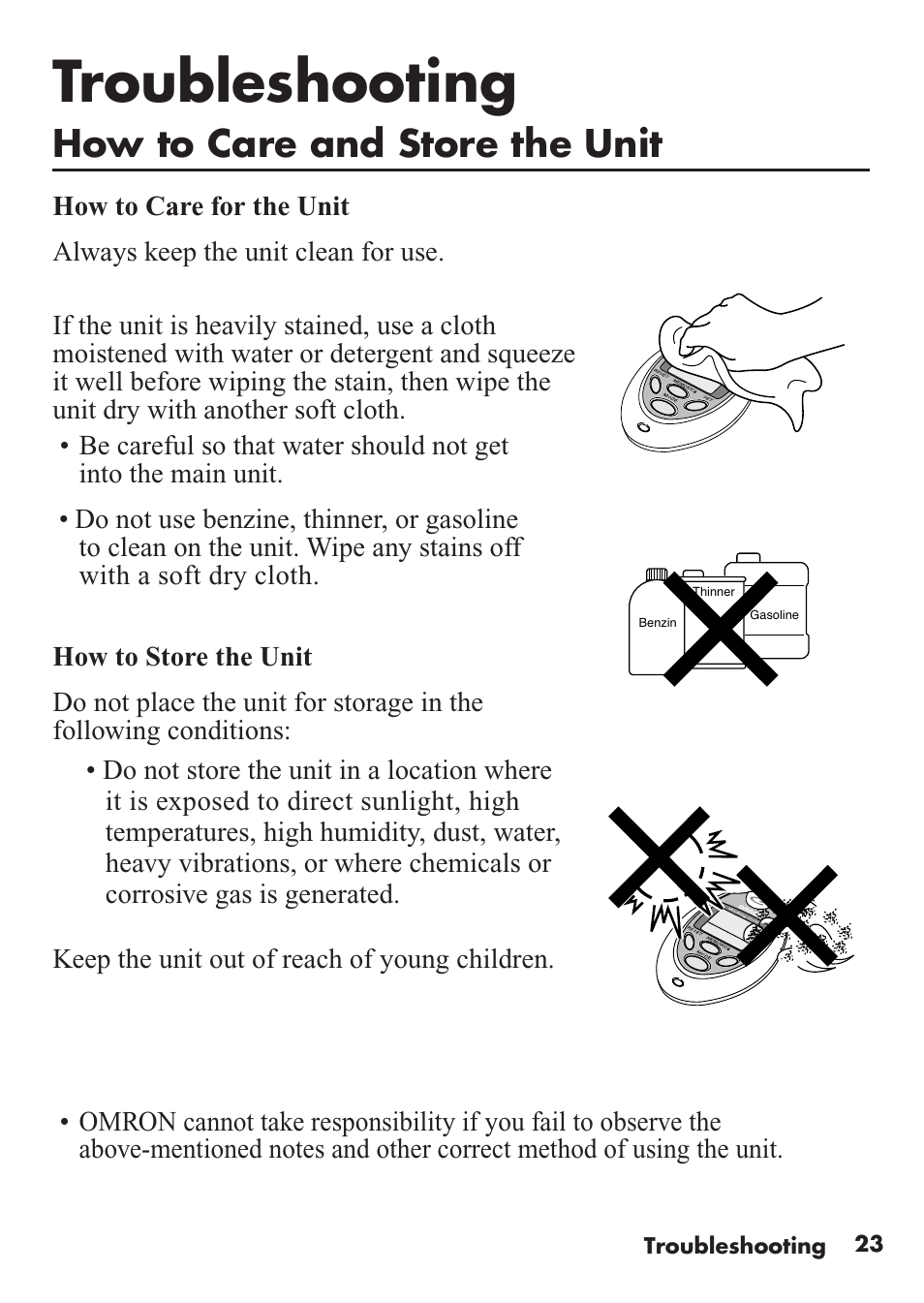 Troubleshooting, How to care and store the unit | Omron Healthcare HJ-112 User Manual | Page 23 / 28