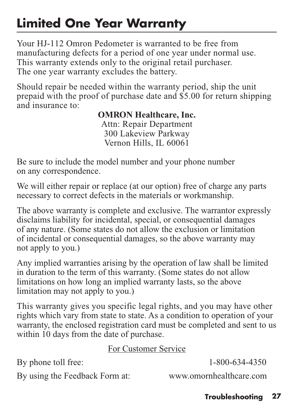 Limited one year warranty | Omron Healthcare HJ-112 User Manual | Page 27 / 28