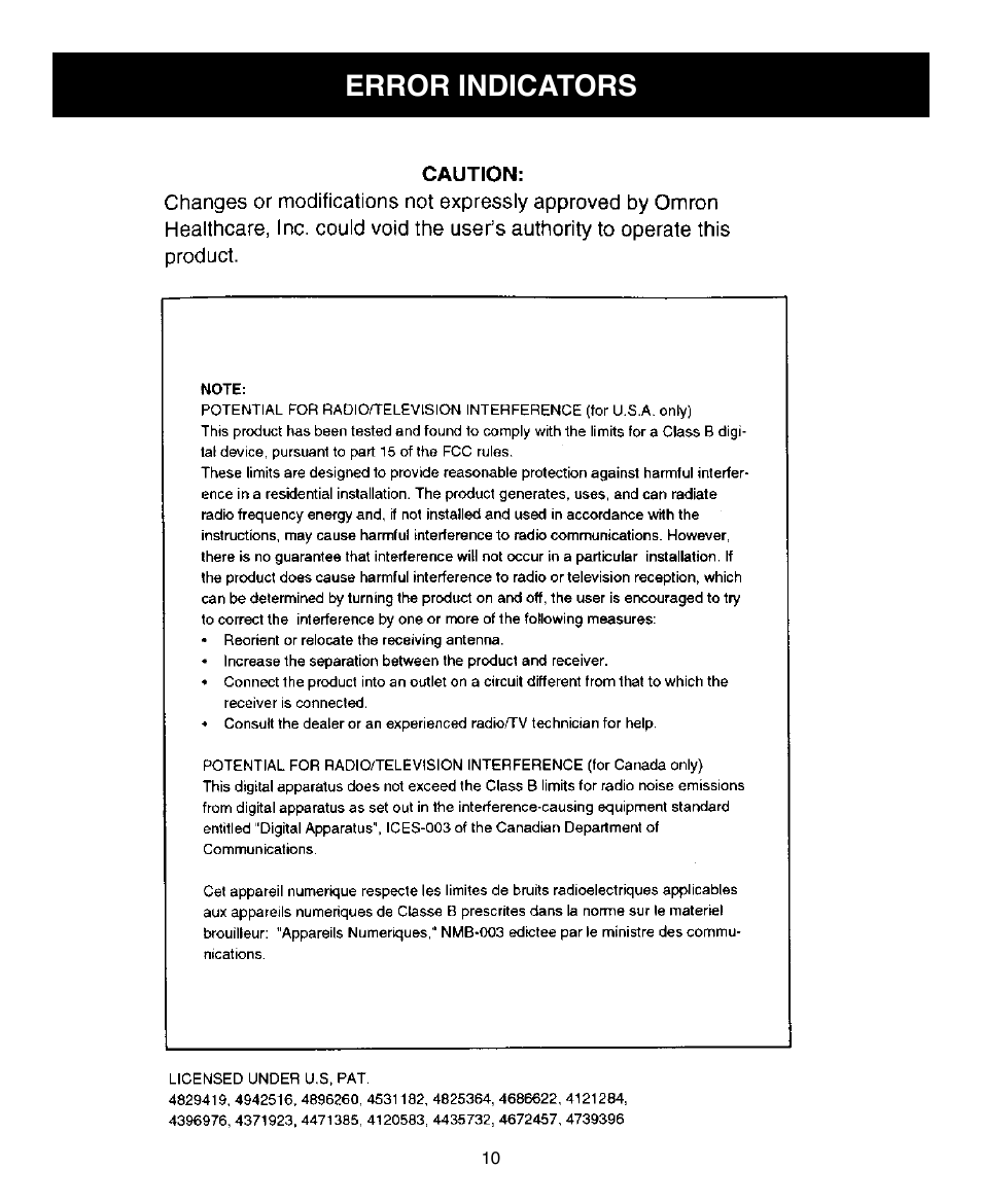 Error indicators | Omron Healthcare HEM-431C User Manual | Page 10 / 12