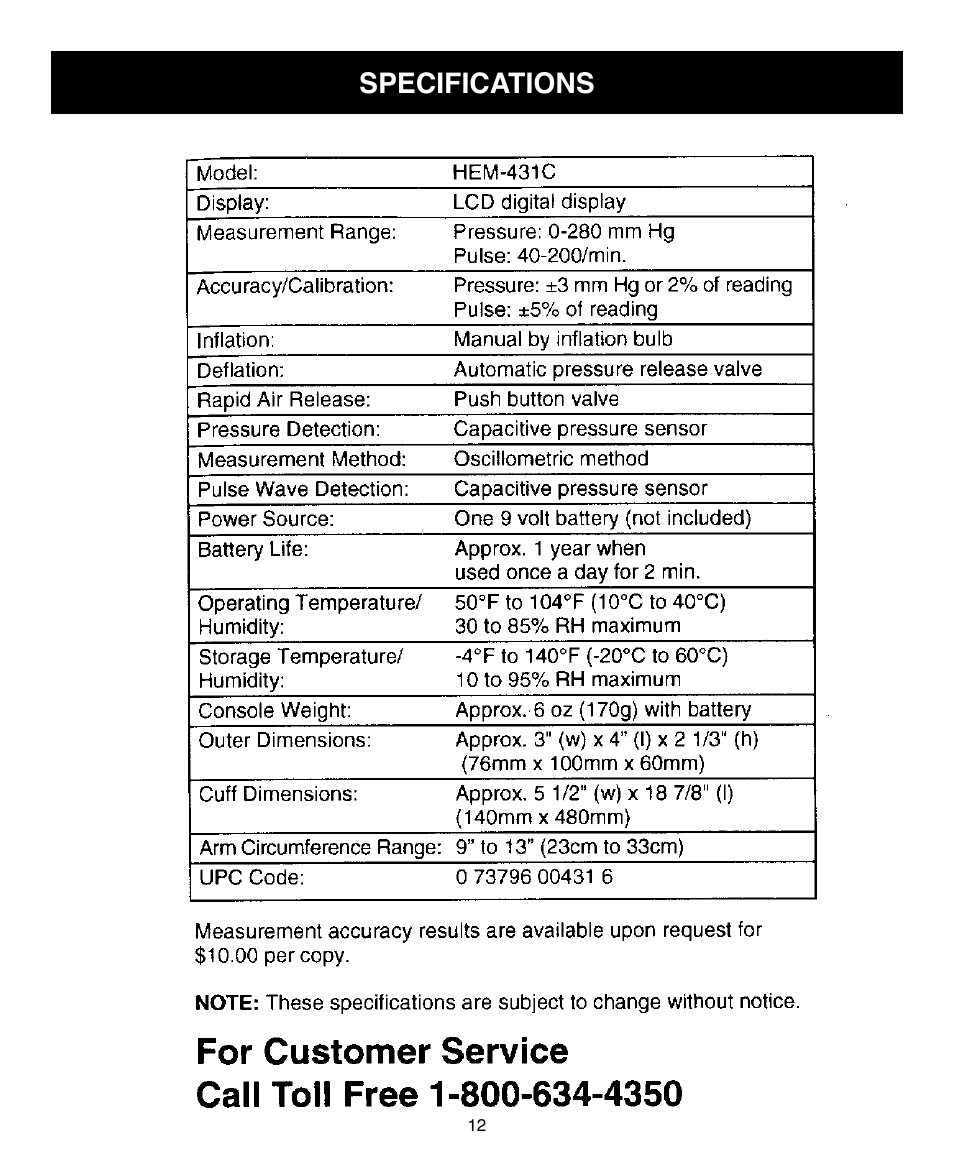 Specifications | Omron Healthcare HEM-431C User Manual | Page 12 / 12