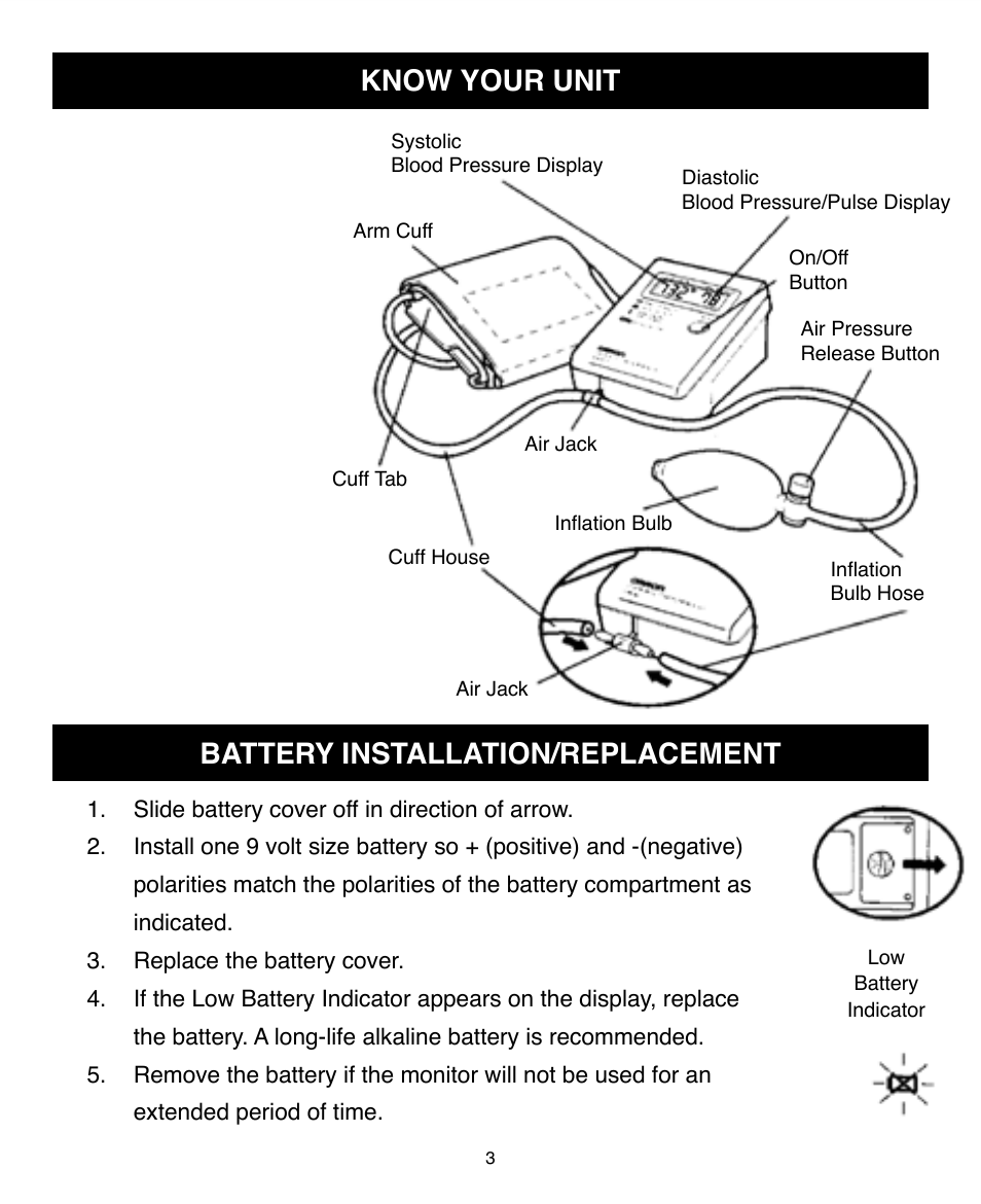 Know your unit battery installation/replacement | Omron Healthcare HEM-431C User Manual | Page 3 / 12