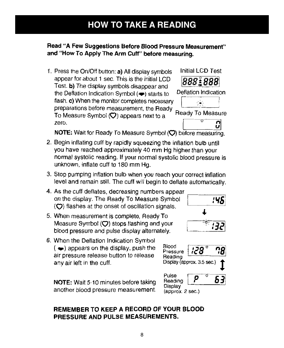 How to take a reading | Omron Healthcare HEM-431C User Manual | Page 8 / 12