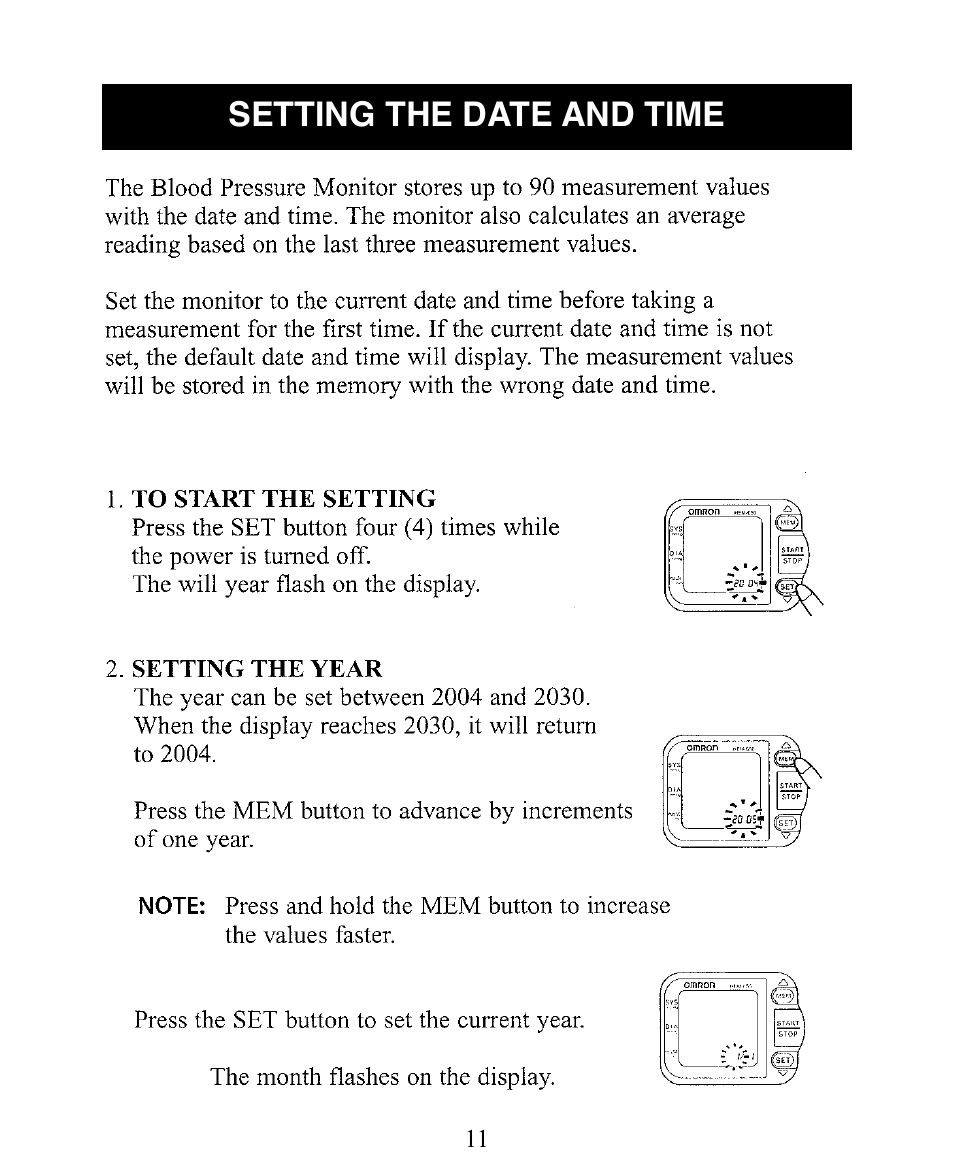 Setting the date & time, Setting the date and time | Omron Healthcare INTELLISENSE HEM-650 User Manual | Page 11 / 21