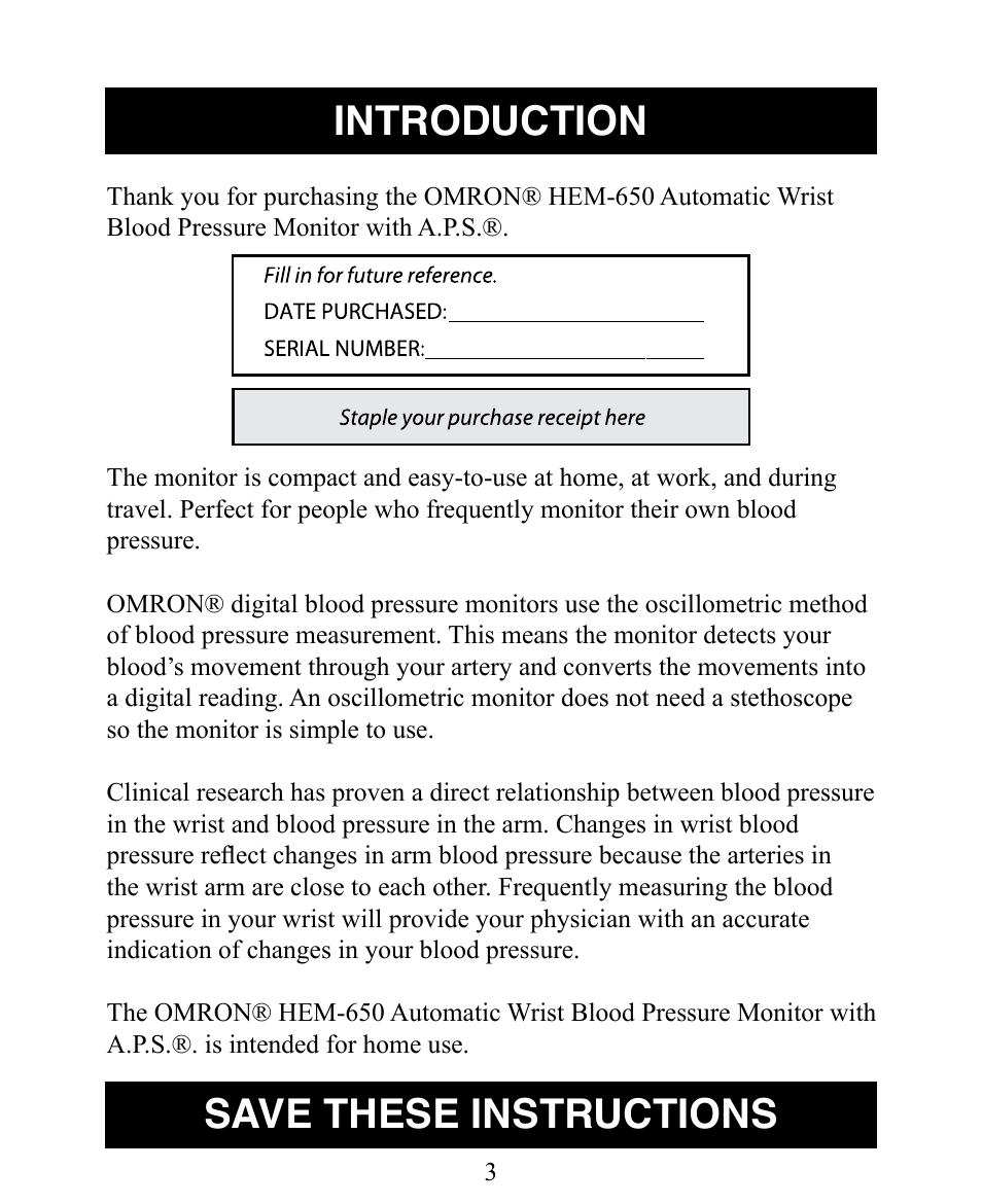 Introduction, Introduction save these instructions | Omron Healthcare INTELLISENSE HEM-650 User Manual | Page 3 / 21