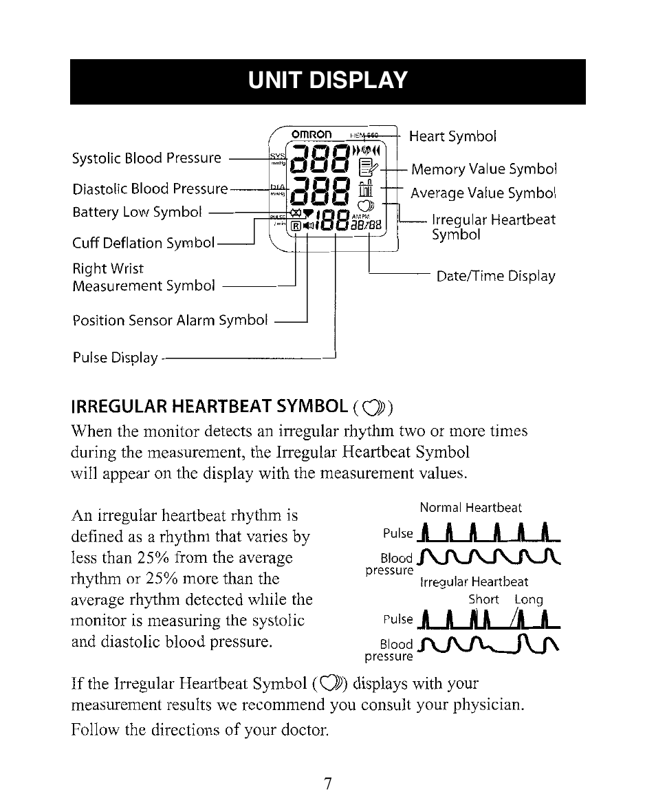 Unit display | Omron Healthcare INTELLISENSE HEM-650 User Manual | Page 7 / 21