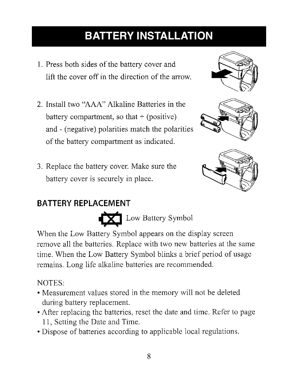 Battery installation | Omron Healthcare INTELLISENSE HEM-650 User Manual | Page 8 / 21