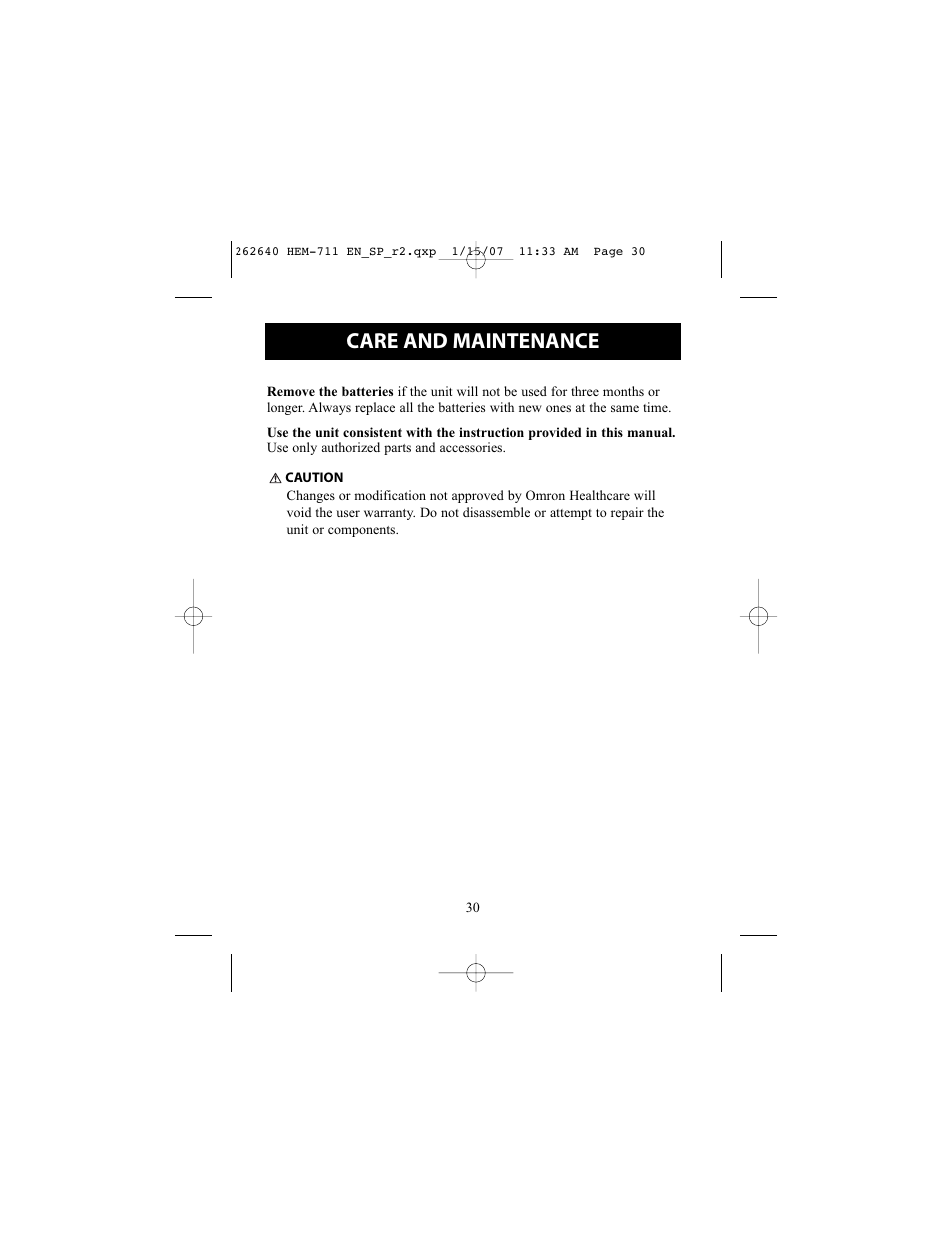 Care and maintenance | Omron Healthcare AUTOMATIC BLOOD PRESSURE MONITOR WITH COMFIT CUFF HEM-711DLX User Manual | Page 30 / 36