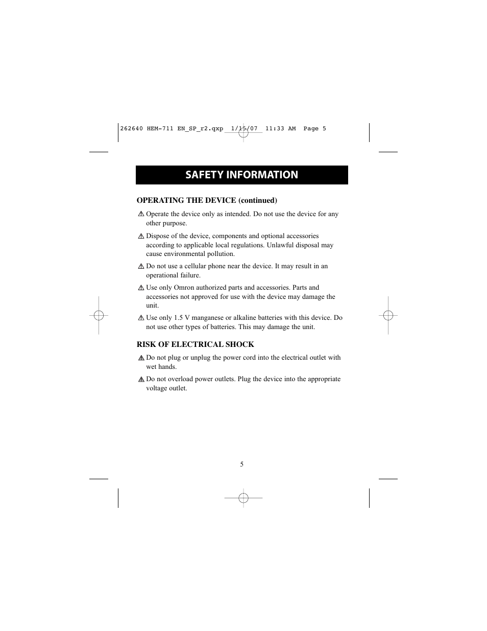 Safety information | Omron Healthcare AUTOMATIC BLOOD PRESSURE MONITOR WITH COMFIT CUFF HEM-711DLX User Manual | Page 5 / 36