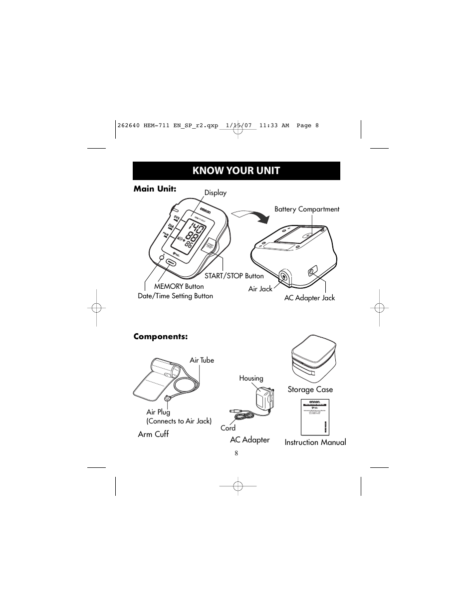 Know your unit | Omron Healthcare AUTOMATIC BLOOD PRESSURE MONITOR WITH COMFIT CUFF HEM-711DLX User Manual | Page 8 / 36