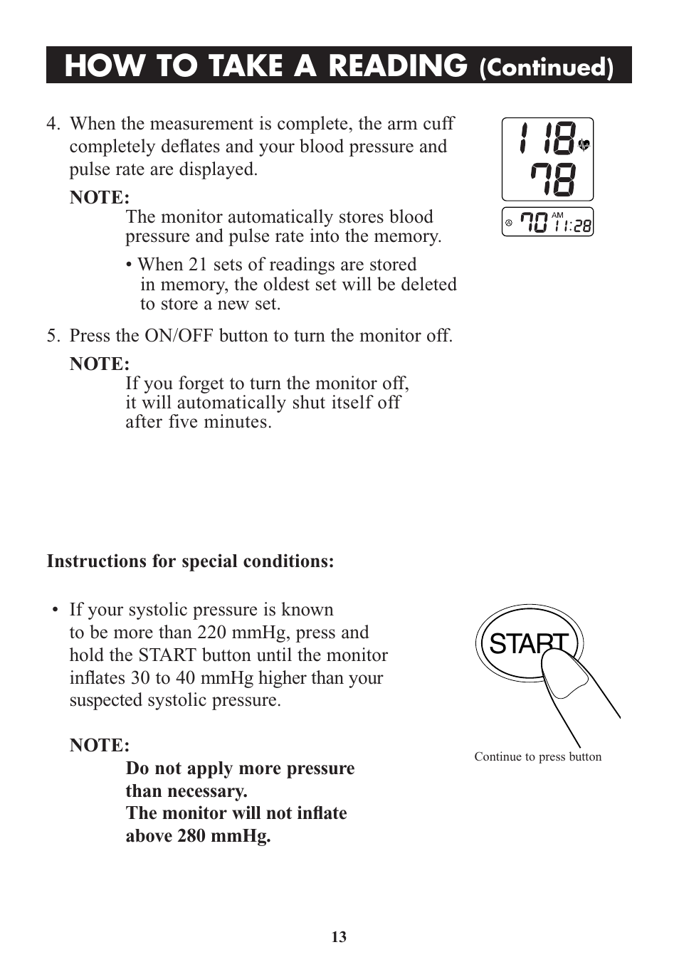 How to take a reading, Start | Omron Healthcare HEM-773AC User Manual | Page 13 / 20