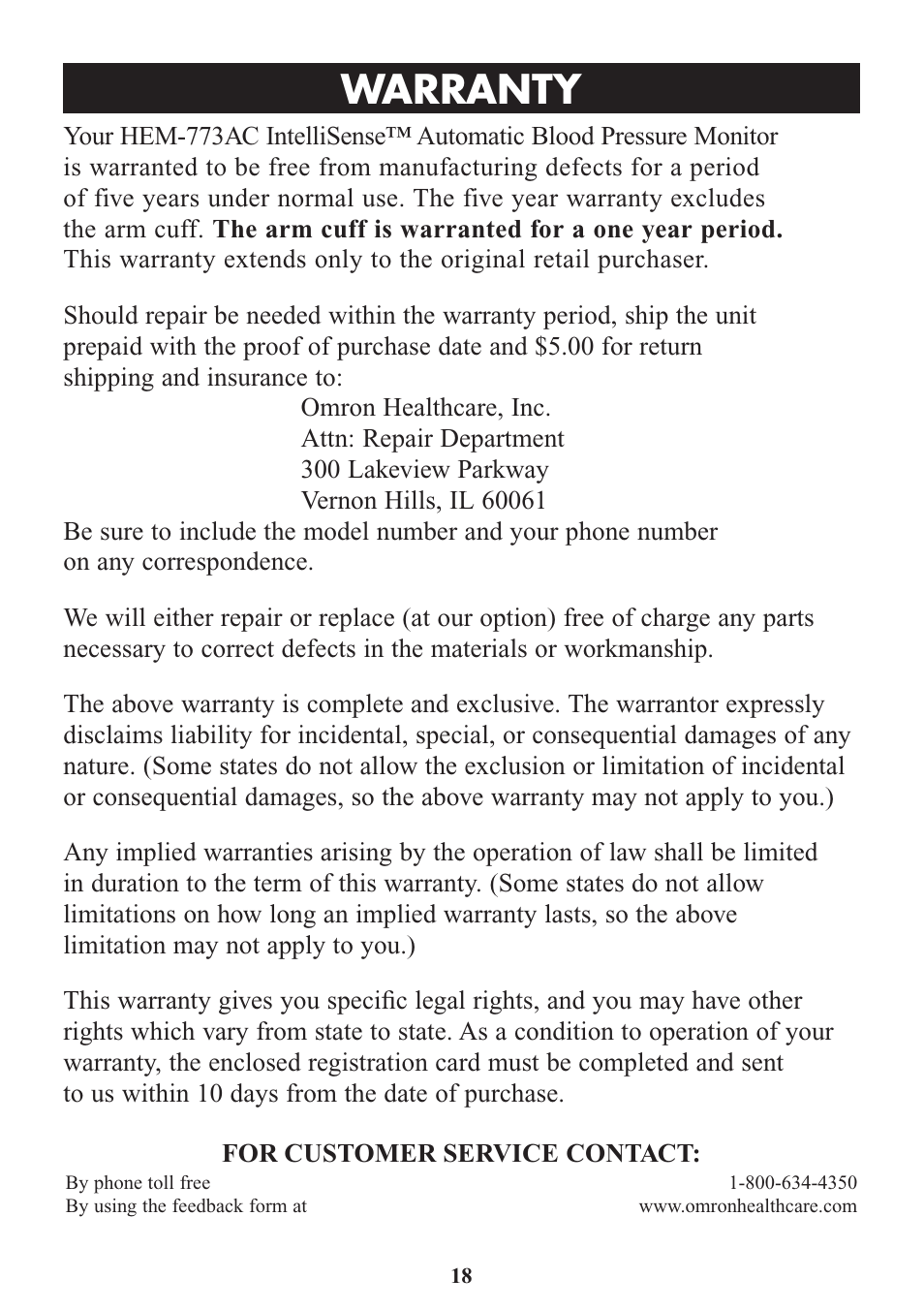 Warranty | Omron Healthcare HEM-773AC User Manual | Page 18 / 20