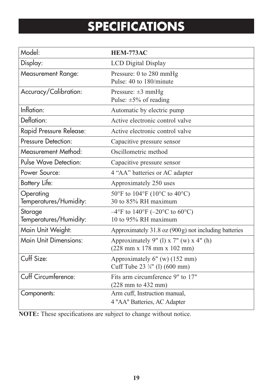 Specifications | Omron Healthcare HEM-773AC User Manual | Page 19 / 20