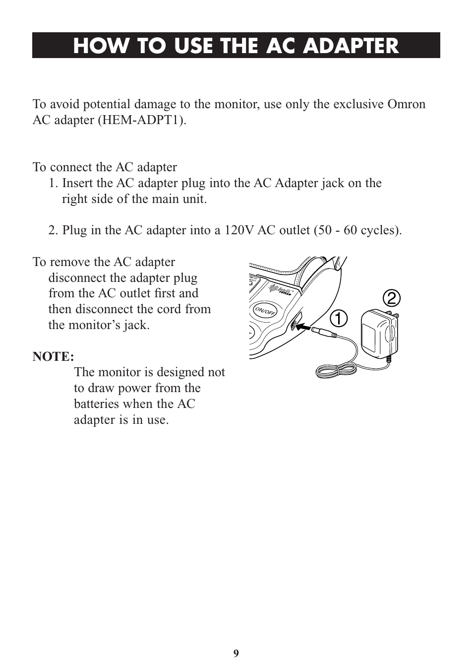 How to use the ac adapter | Omron Healthcare HEM-773AC User Manual | Page 9 / 20