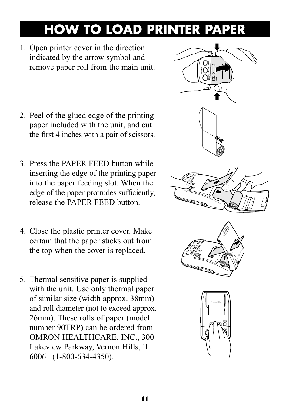 How to load printer paper | Omron Healthcare OMRON HEM-705CP User Manual | Page 11 / 28