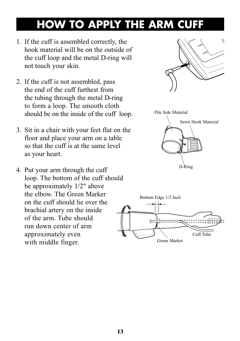 Title how to apply the arm cuff | Omron Healthcare OMRON HEM-705CP User Manual | Page 13 / 28