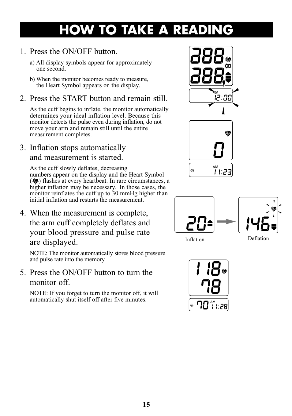 Title how to take a reading | Omron Healthcare OMRON HEM-705CP User Manual | Page 15 / 28