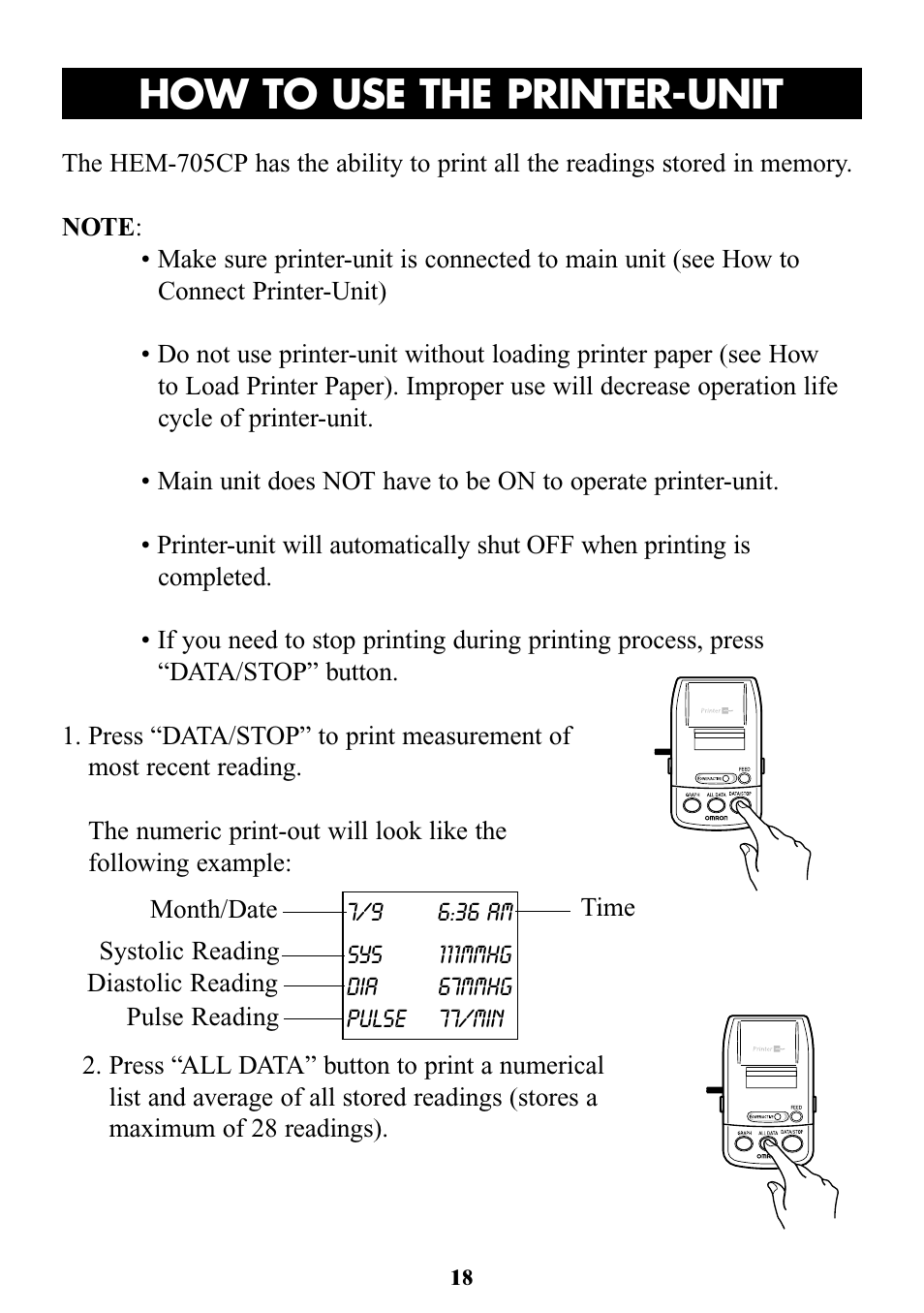 How to use the printer-unit | Omron Healthcare OMRON HEM-705CP User Manual | Page 18 / 28