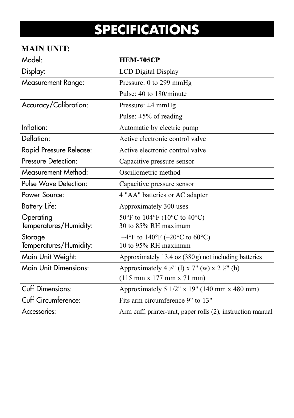 Specifications, Main unit | Omron Healthcare OMRON HEM-705CP User Manual | Page 26 / 28