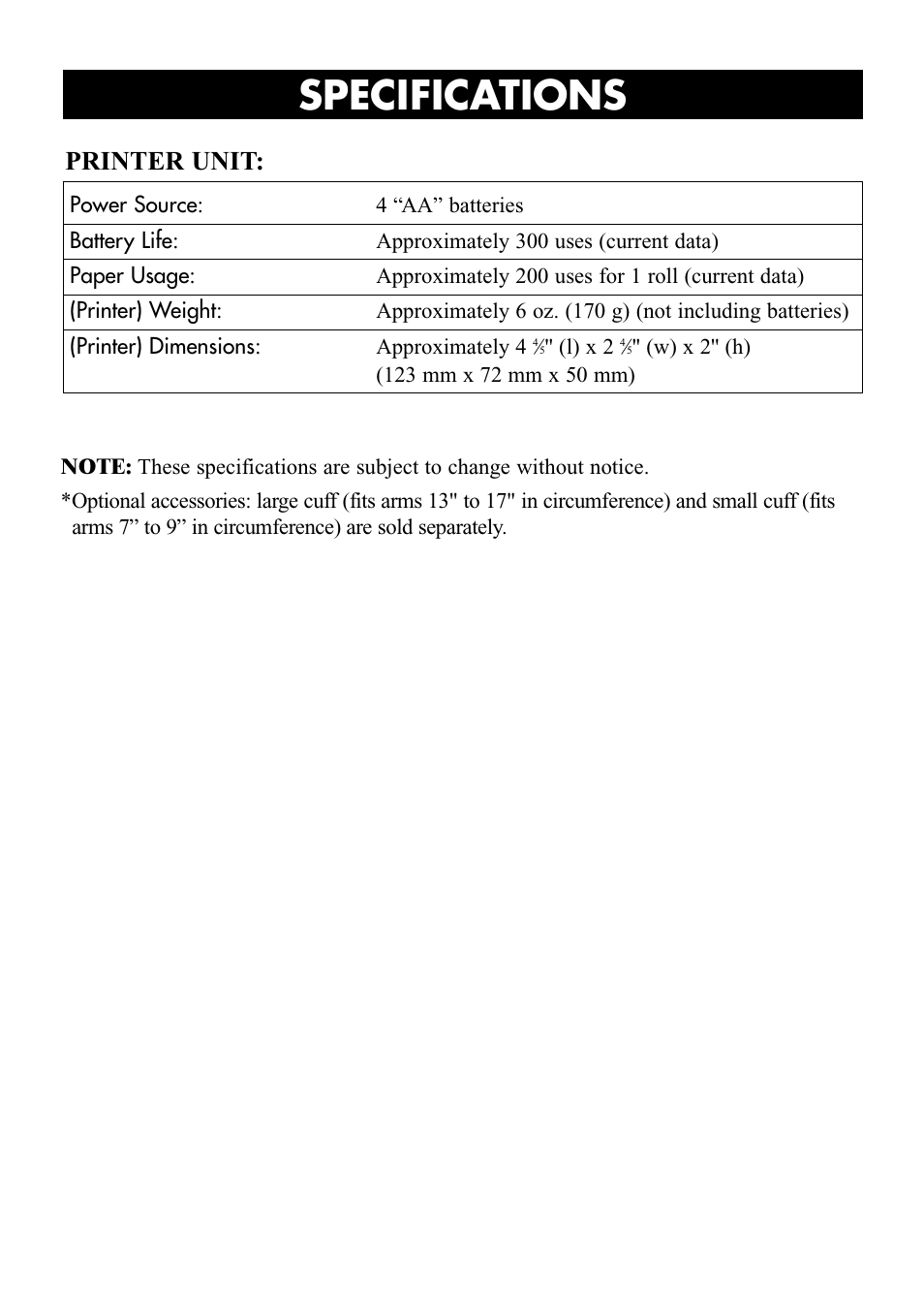 Specifications, Printer unit | Omron Healthcare OMRON HEM-705CP User Manual | Page 27 / 28