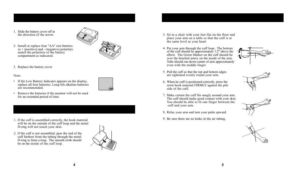Battery installation/replacement, How to apply the arm cuff | Omron Healthcare HEM-712C User Manual | Page 3 / 6
