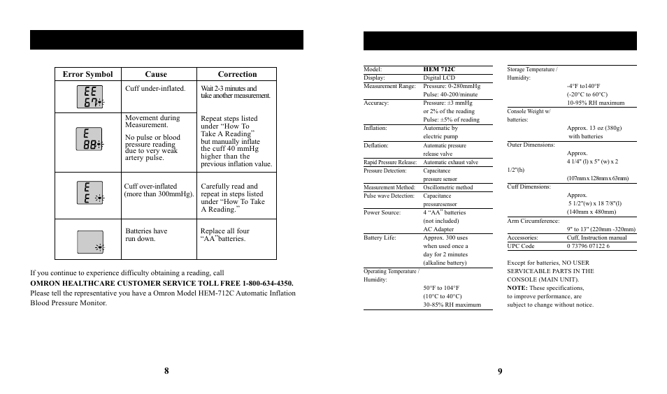 Error indicators, Specifications, Error symbol cause correction | Omron Healthcare HEM-712C User Manual | Page 5 / 6
