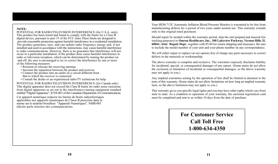 Limited two year warranty | Omron Healthcare HEM-712C User Manual | Page 6 / 6