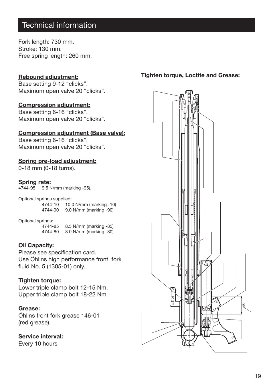 Technical information, 19 tighten torque, loctite and grease | Ohlins FG 470 User Manual | Page 19 / 24