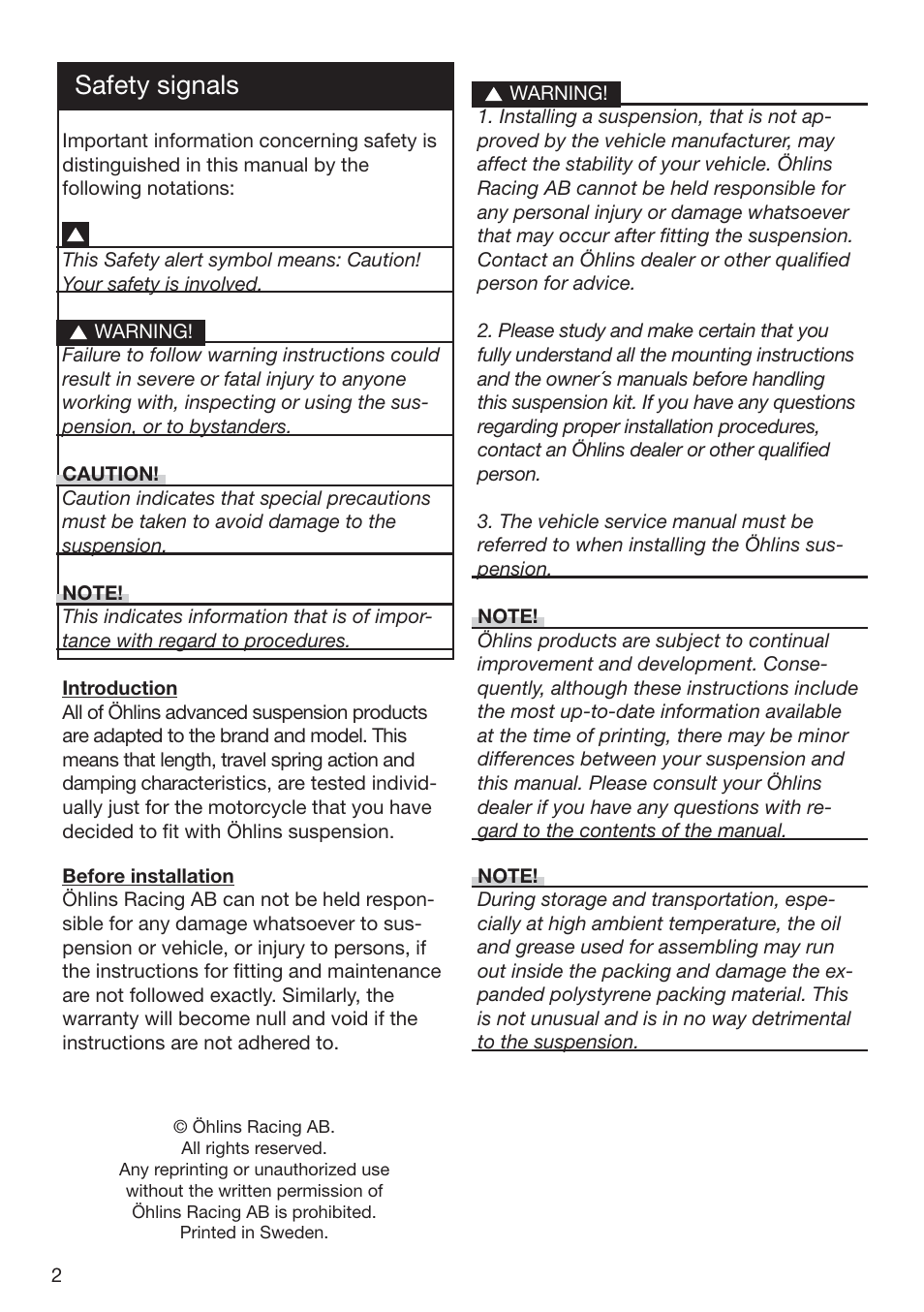 Safety signals | Ohlins FG 470 User Manual | Page 2 / 24