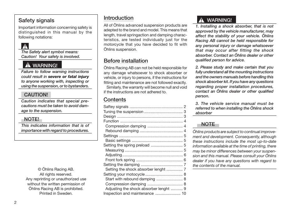 Ohlins SHOCK ABSORBERS MOTORCYCLE ROAD & TRACK User Manual | Page 2 / 12