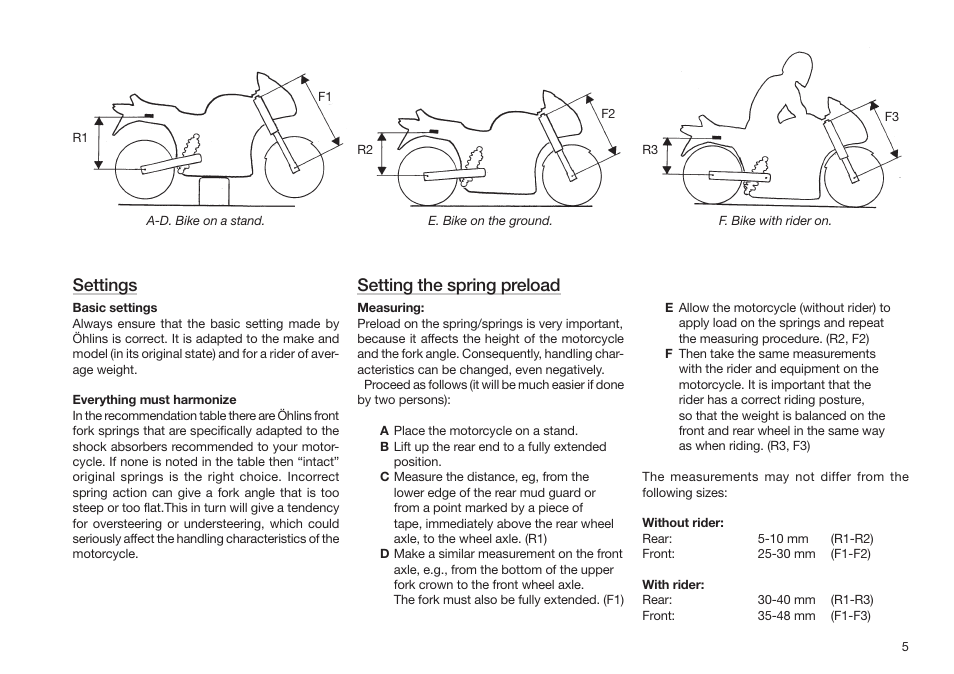 Settings, Setting the spring preload | Ohlins SHOCK ABSORBERS MOTORCYCLE ROAD & TRACK User Manual | Page 5 / 12