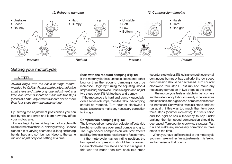 Setting your motorcycle | Ohlins SHOCK ABSORBERS MOTORCYCLE ROAD & TRACK User Manual | Page 8 / 12