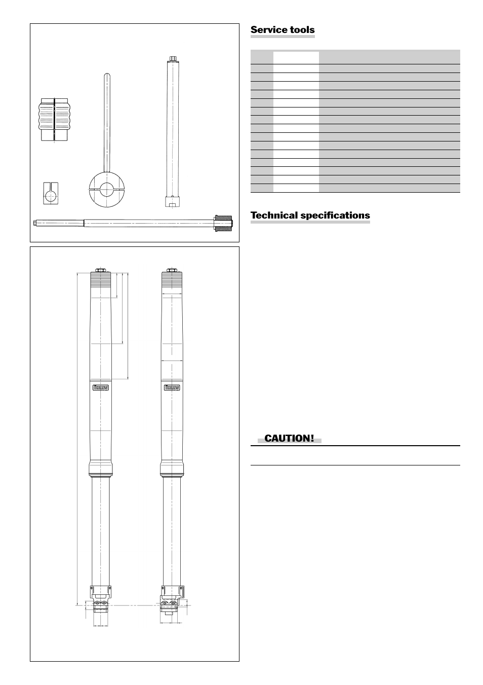 Technical specifications, Caution, Service tools | Ohlins CANNONDALE FG 9910 User Manual | Page 13 / 16