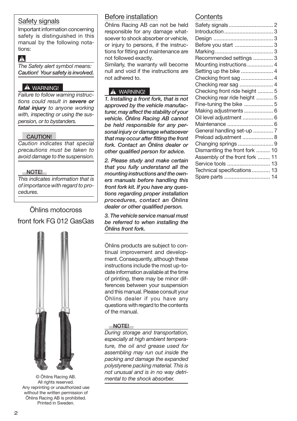 Ohlins FG 012 User Manual | Page 2 / 16